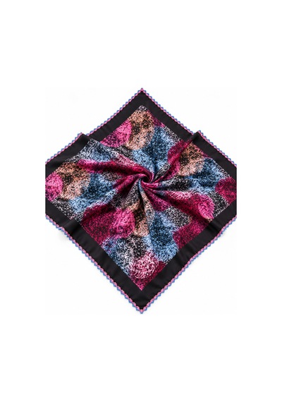 Umttrend Siyah Zemin Renkli Desenli Kenarı Oyalı Kadın Eşarp Yazma 100x100 Cm Çok Renkli