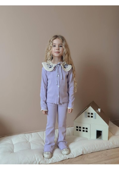 Miniko Kids Kız Çocuk Yaka Dantelli Fitilli Kaşkorse Bayramlık Taytlı Takım Lila