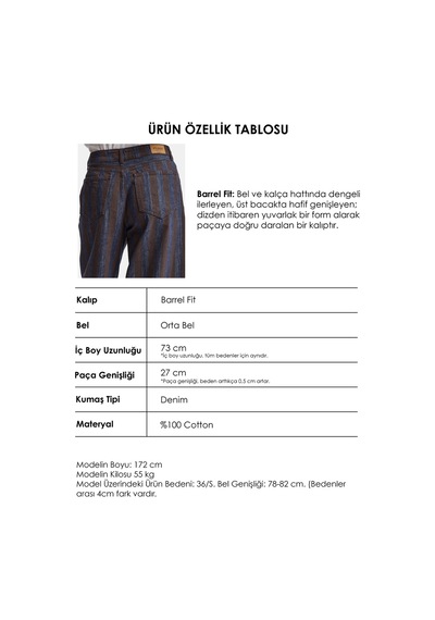 Kadın Kahve Çizgili 1w6-7 Barrel Fit Bol Kesim Tasarım Denim Pantolon