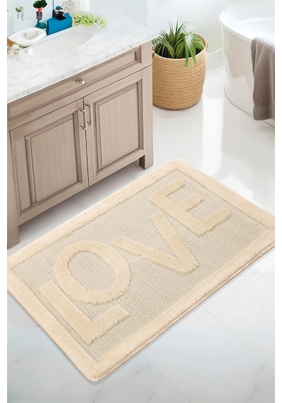 Doğal Kaymaz Taban Banyo Paspas Uzun Ömürlü Yumuşak Dokulu Su Emici Yıkanabilir Love 60x100 Krem