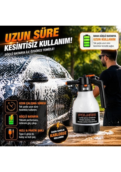 Polham Yeni Nesil 2l Şarjlı Otomatik Basınçlı Araç Yıkama Köpük Püskürtücü, Araç, Jant, Bahçe Yıkama Pompası
