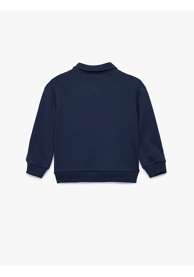 Koton Uzun Kollu Kanguru Cepli Nakış Detaylı Oversize Polo Yaka Sweatshirt Lacivert 7wmb10058tk