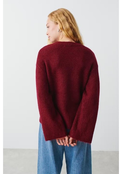 Madmext Koyu Bordo V Yaka Oversize Kadın Triko Kazak Mg2149 Koyu Bordo