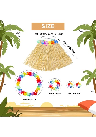 Yetişkin Çocuk Hawaii Parti Seti - 40 Cm Naturel Etek + Çiçek Aksesuarlar 5 Parça 5691 "