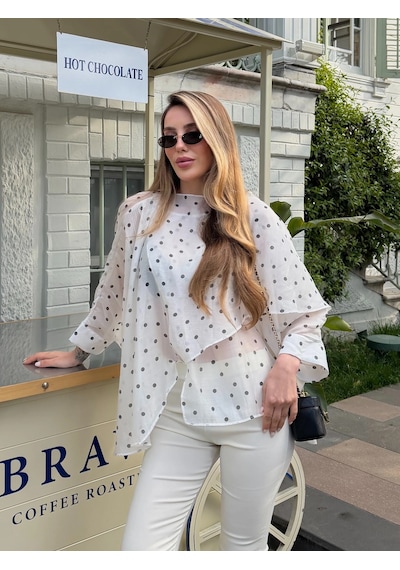 Laluvia Beyaz Puantiyeli Uçuşan Pelerin Bluz - 5088 Çok Renkli