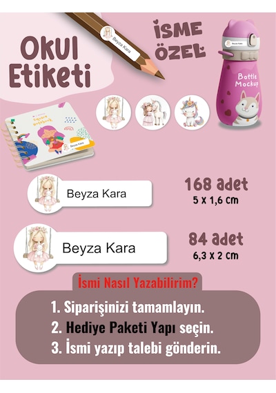 Okul Etiketi Kalem Defter Etiketi Atlı Prenses Temalı Özel İsim Yazılabilen Etiket - 252adet