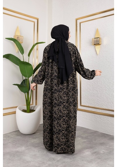 Nevayla Moda Robalı Desenli Viskon Elbise - Bej / E0126 Bej