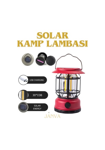 Janva Güneş Panelli Enerjili Nostaljik Dekoratif Ledli Kamp Feneri Lamba Işıldak Usb Şarjlı 18650 Kırmızı