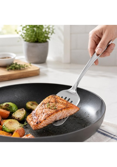 Paslanmaz Çelik Spatula, Delikli Mutfak Spatulası 25 Cm, Mutfak Seti, Premium Kalite Metal, Tek Parça Yapı