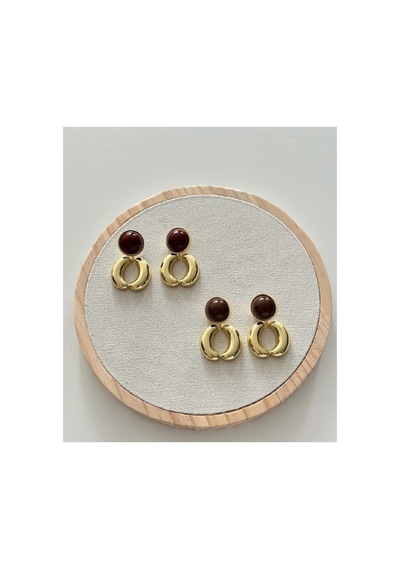 Lunarie Taşlı Halka Sarkıt Vintage Küpe 14k Gold Kalın Bordo