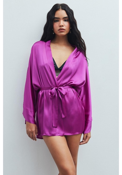 Fumée Fuşya Kısa Saten Sabahlık / Kimono Fuşya