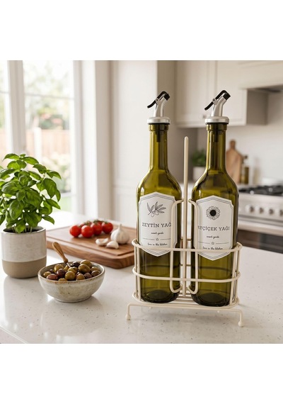 750 Ml 2 Li Yağdanlık Seti Ve Beyaz Metal Stand, Zeytinyağı Ayçiçek Yağı Şişesi, Sızdırmaz Kapaklı Cam Yağlık Sirkelik, Dökme Başlıklı Mutfak Yağlık Sosluk Takımı Çok Renkli