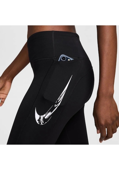 Nike Dri Fit Fast Mid Rise 7/8 Leggings Tight Kadın 3 Cepli Spor Tayt Siyah Siyah