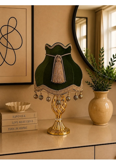 Haki Kadife Kaplı Gold İşlemeli Başlık Metal Burgulu Gold Ayaklı Klasik Model Abajur 50x30cm