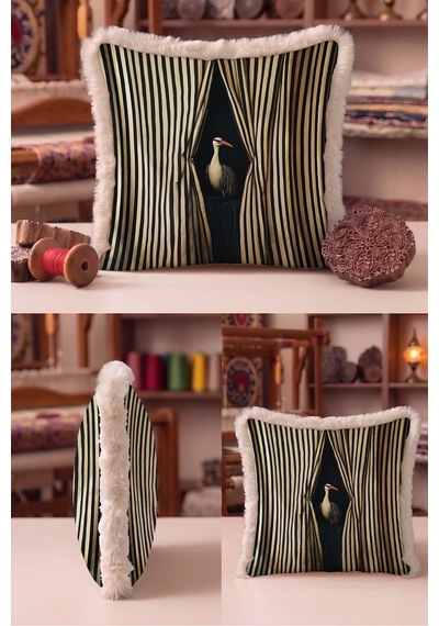 Zebra Egzotik Kuş Figür Saçaklı Yastık Kılıfı-sahne Art Deco Siyah Bej Vizon Püsküllü Kırlent Kılıfı Uzak Düş Nova
