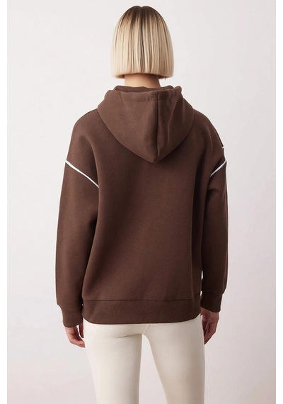 Benerly Kadın Kapüşonlu Fermuarlı Düşük Kol Sweatshirt Fonksiyonel Dayanı Kahverengi