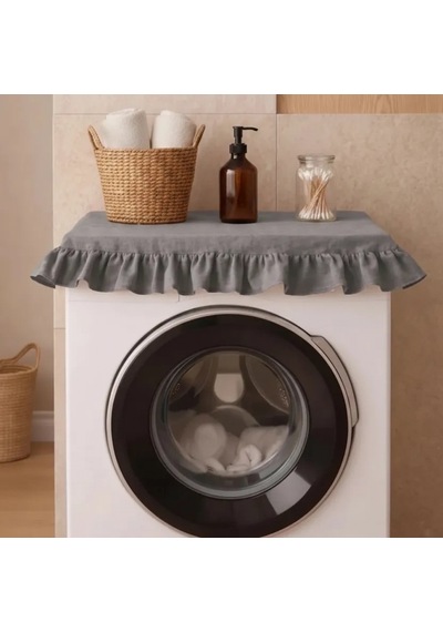 Fırfırlı Çamaşır Makinesi Örtüsü - Çeyizlik Dekoratif Banyo Makine Kılıfı- Füme
