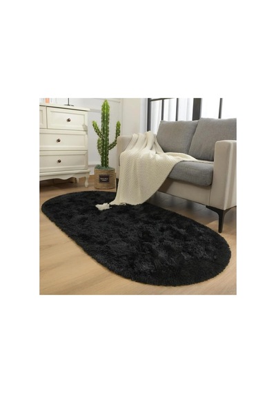 Siyah Oval Post Halı Kesme Yolluk Peluş Yumuşak Kaymaz Dot Taban