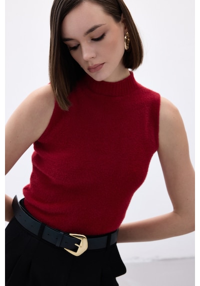 Sateen Sıfır Kol Sakallı Triko Bluz - Bordo-136514 Bordo