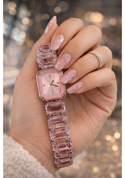 Aurex Kadın Kol Saati Taşlı Bileklik Model Pembe Kadran Şık Tasarım Altın