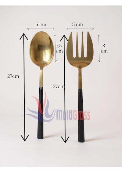 Büyük Boy Çelik Servis Kaşığı Servis Çatalı 27 Cm 2li Set, Altın Çok Renkli