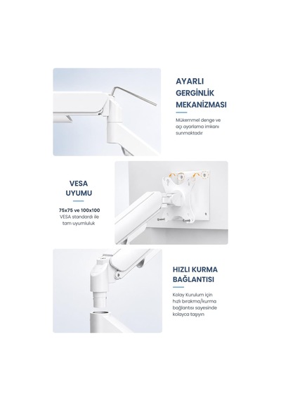 Tek Kollu Monitör Kolu Vesa Uyumlu Hareket Ayarlanabilir Monitör Standı 17-32 9kg Kapasite Beyaz