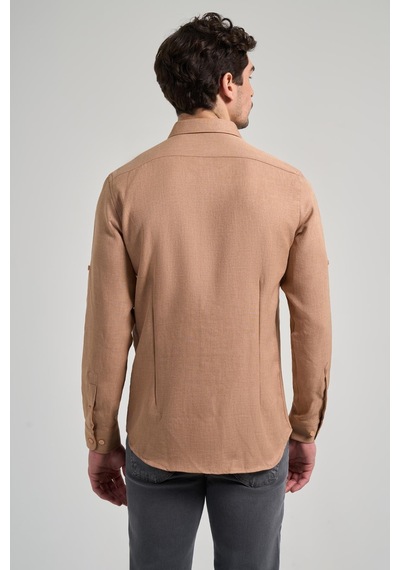 İmza Camel Kısalabilir Kol Düz Gabardin Düğmeli Yaka Cepsiz Casual Slim Fit Gömlek 1004250124 595 Camel