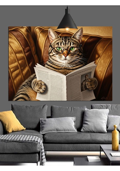 Kitap Okuyan Gözlüklü Kedi Dekoratif Kanvas - Mdf Ahşap Tablo