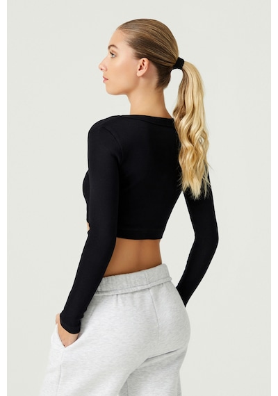 Los Ojos X Melodi Siyah Pamuklu Fitilli Uzun Kollu Crop Spor Bluz Long Sleeve Siyah