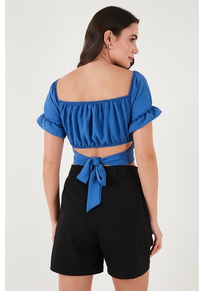Lela Regular Fit Madonna Yaka Bağlama Detaylı Crop Bayan Bluz 6527017 Mavi