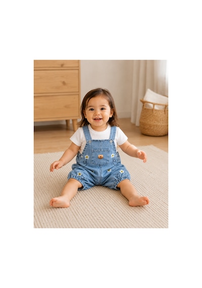 The Two Kız Bebek Papatya Nakışlı Denim Salopet Ve Pamuklu Tişört 2'li Takım 9-18 Ay Çok Renkli
