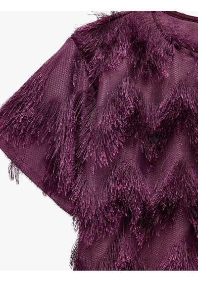 Koton Peluş Detaylı Bisiklet Yaka Kısa Kollu Crop Bluz Mürdüm 7wak10025uk Mor