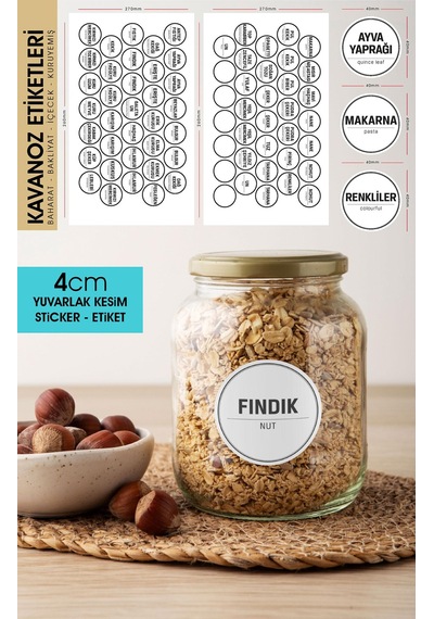 Beyaz Yuvarlak Kesim Baharat, Bakliyat Etiket Modeli V2 - 4cm - 70 Adet Folyo Sticker Siyah