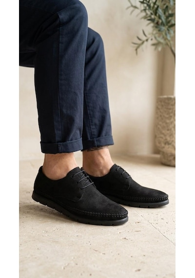 Beren Erkek Siyah Hakiki Deri Süet Ortopedik Taban Klasik Günlük Casual Ayakkabı Bağcıklı Comfort
