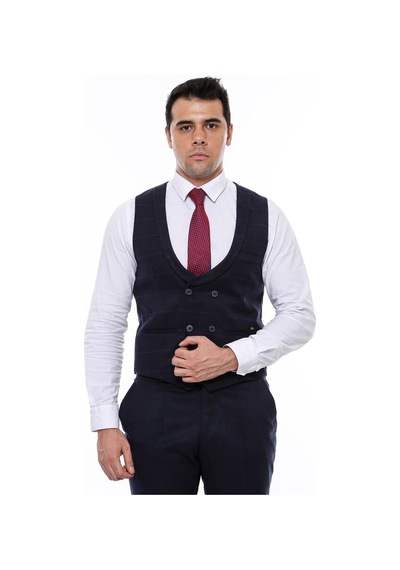 Wessi Kruvaze Kareli Desenli Yakalı Lacivert Erkek Yelek 001