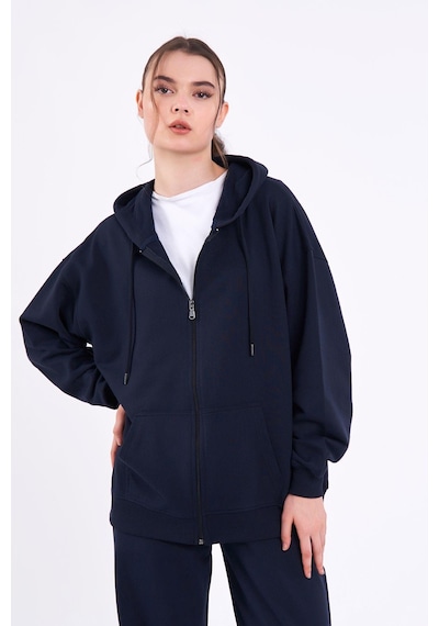 Comeor Lacivert Kanguru Cepli Kapüşonlu Fermuarlı Oversize Kadın Sweatshirt Cmrb73 Lacivert