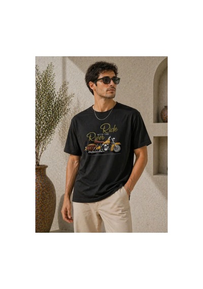 Butik İstanbul Erkek Motosiklet Baskılı Tişört Bisiklet Yaka Kısa Kol Yazlık T-shirt - Siyah