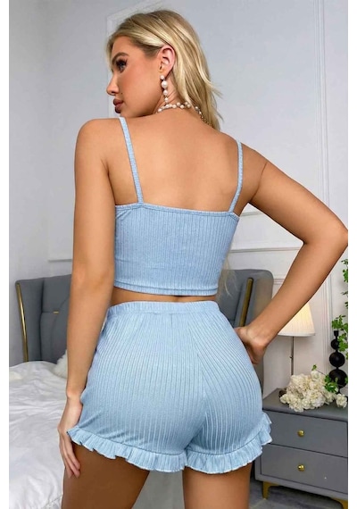 Merry See Dantelli Askılı Crop Üst Ve Fırfır Paça Mini Şortlu Pijama Takım Mavi