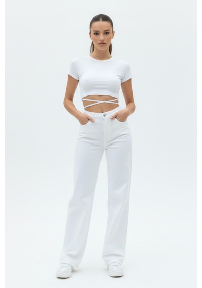 Woddi Nova Kadın Yüksek Bel Beyaz Salaş Jeans Wide Leg Geniş Paça Palazzo Kot Pantolon
