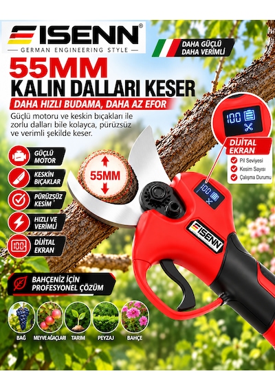 Eisenn Ultra Güç 55 Mm Dijital Makas + 22 Cm Otomatik Yağlamalı Dijital Testere +2.2 Mt Teleskop Süper Bahçe Seti