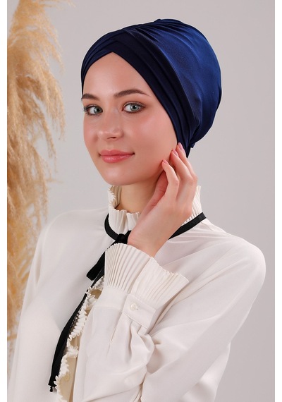 Melodi Scarf Kadın Üç Bantlı Çapraz Hazır Türban Dış Bone Lacivert Lacivert