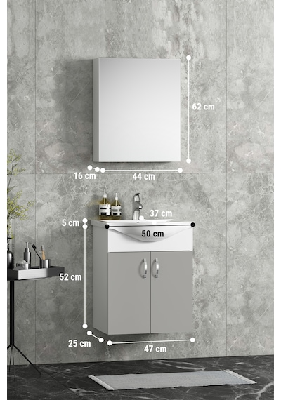 Yıldız 50 Cm Sis Gri Mdf Seramik Lavabolu Asma Banyo Dolabı Takım Beyaz-sis Gri