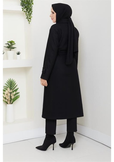 Neşeli Butik Kadın Düğme Detaylı Astarlı Midi Boy Kuşaklı Kaşe Kaban Nbft004 Siyah