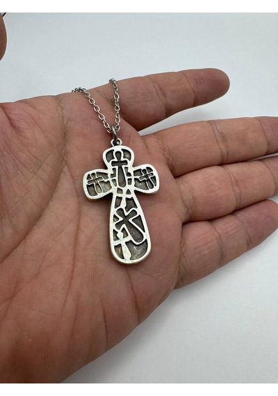 Haç Desenli Antik Kolye Unisex Erkek Kadın Takı, 60 Cm Zincirli Çok renkli