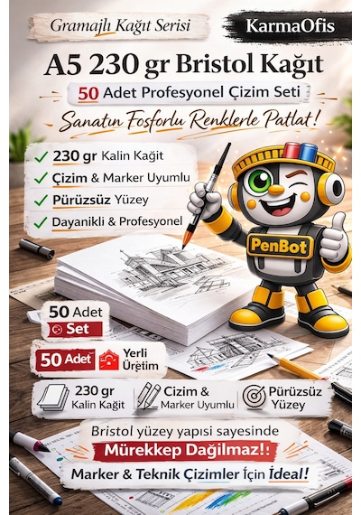 A5 230 Gr Bristol Kağıt 100 Adet Kalın, Pürüzsüz, Marker & Teknik Çizim