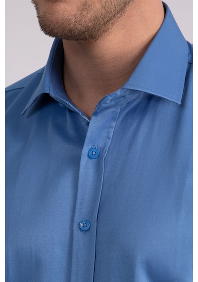 Tudors Modern Slim Fit Düz Saten Erkek Gömlek-23052 Mavi