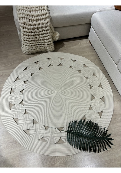 Mavaux Cookie Yuvarlak Jüt Hasırlı El Örgüsü Kilim Halı Krem