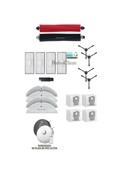 Roborock S8 Plus, S8 Pro Ultra Uyumlu Yedek Toz Torba, Fırça, Hepa Filtre, Mop Seti-19 Parça