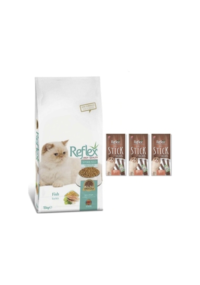 Reflex Sterilised Balıklı Kısırlaştırılmış Yetişkin Kedi Maması 15 KG + Reflex Stick Treats Somonlu Kedi Ödülü 3 x 15 G