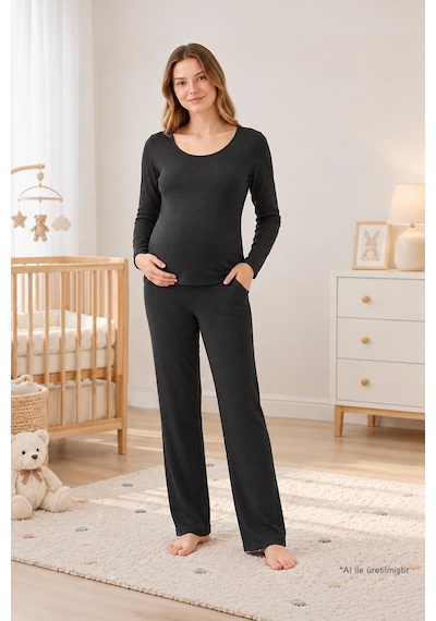 Cottonill Premium - Serene Collection Antrasit Yüksek Bel Bol Paça Rib Dokulu Viskon Hamile Pijama Takımı
